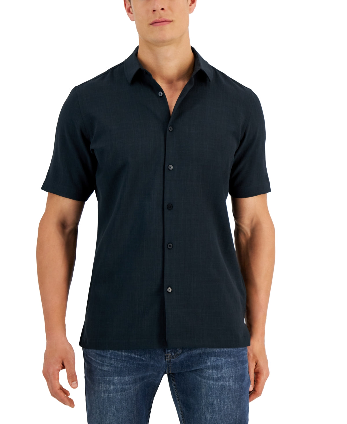 Alfani Men's Solid Short Sleeve Button Down Shirt Black Large