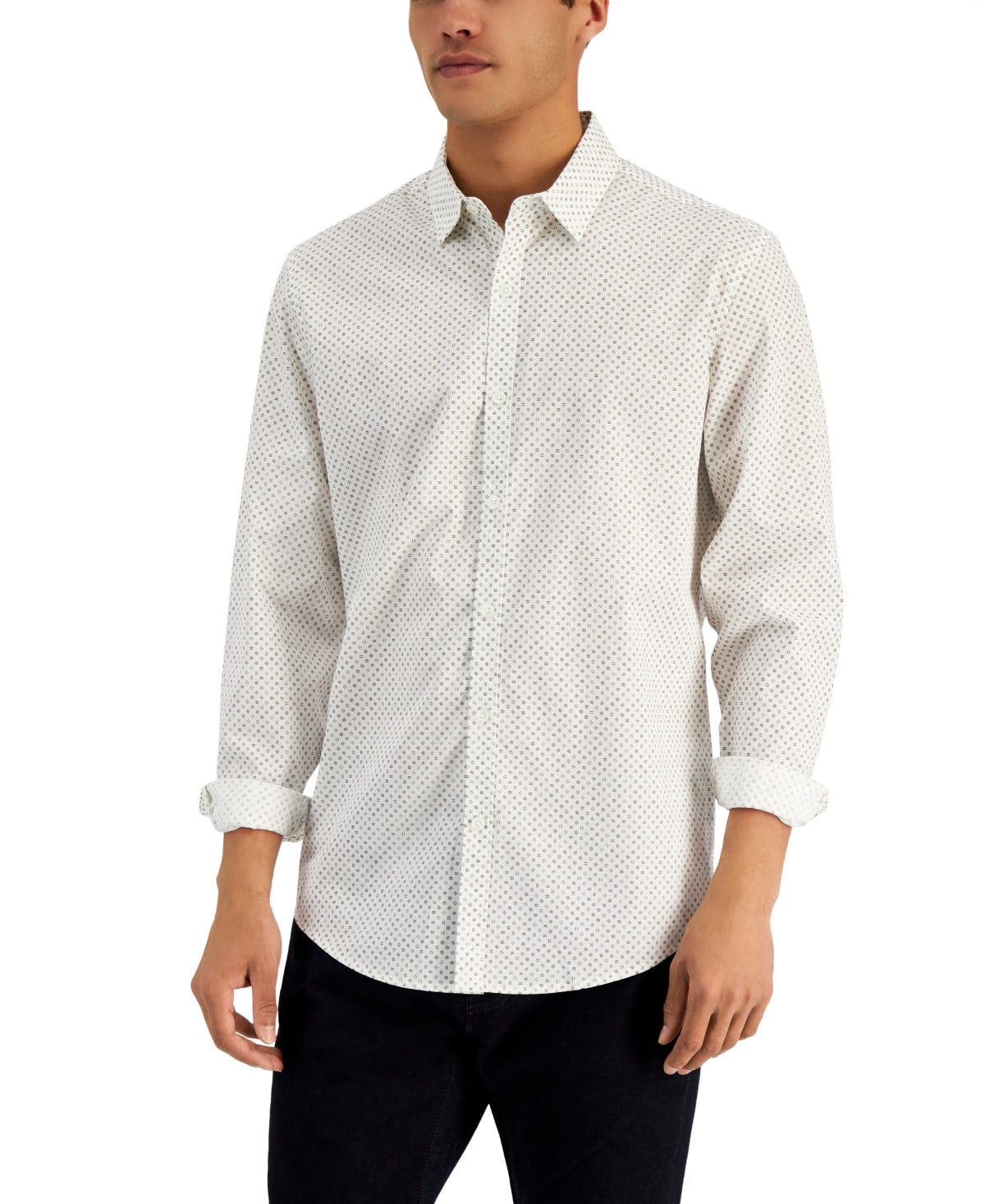 Alfani Mens Zoni Geometric Print Button Down Shirt Egret Small