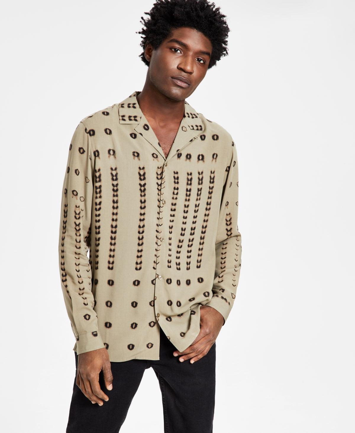 International Concepts Men's Geometric Long sleeve Camp Shirt Green Medium