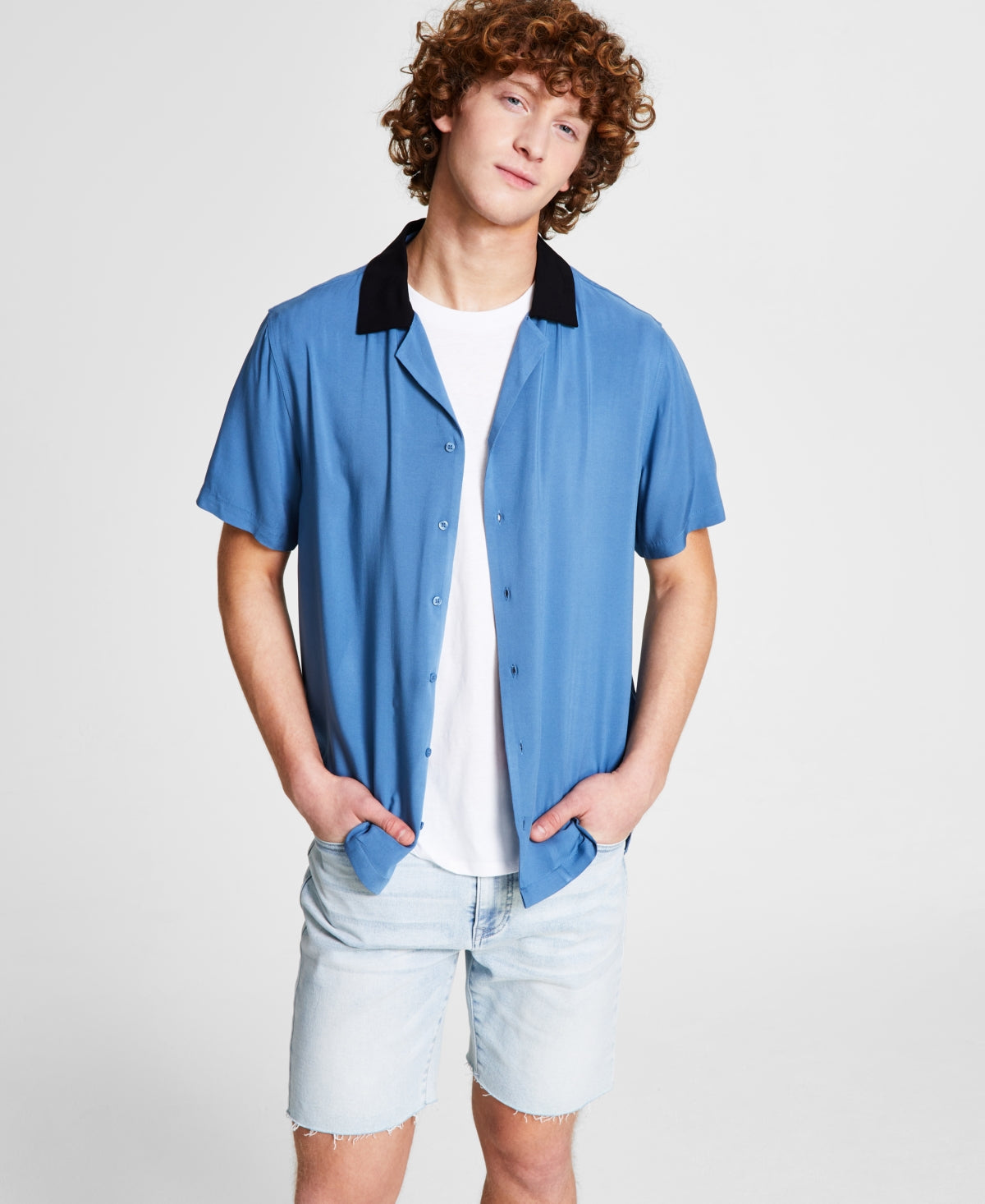 And Now This Men's Regular fit Bowling Shirt  Blue Large