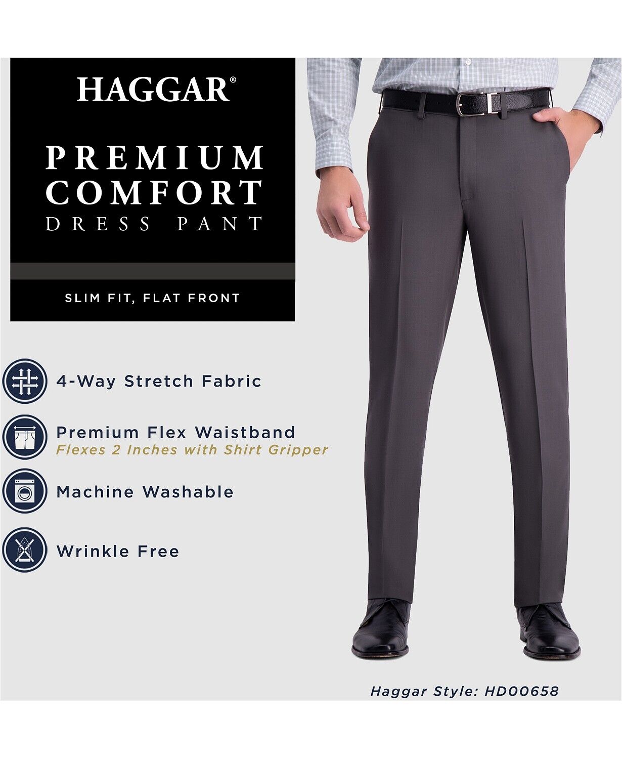Haggar Mens Slim fit Dress Pants 32 / 34 Grey Solid Stretch