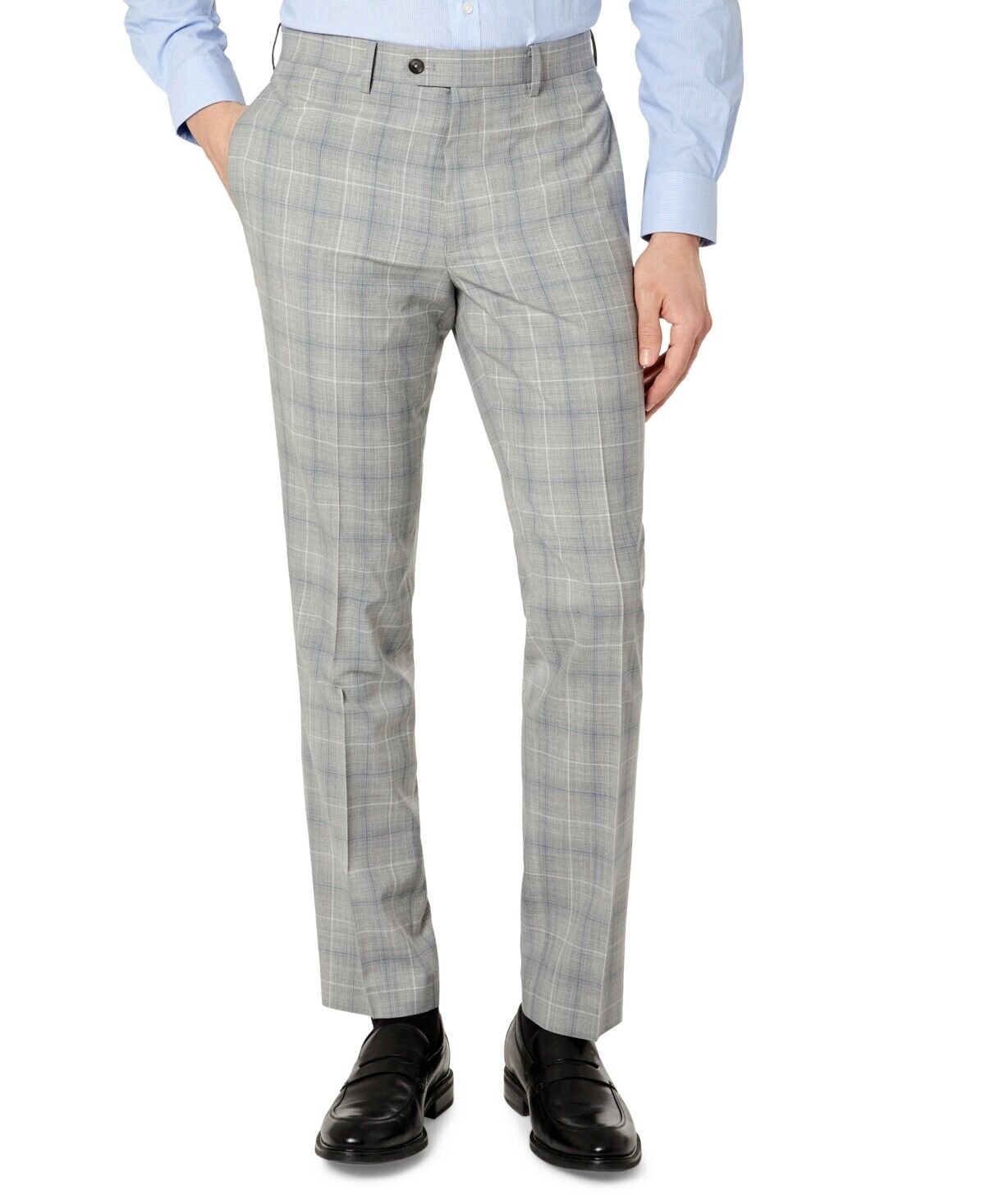 Tallia Mens Slim-Fit Wool Dress Pants 38 x 30 Light Grey / Blue Plaid Flat Front