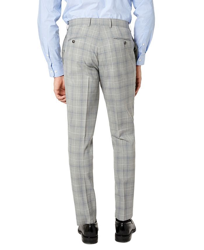 Tallia Mens Slim-Fit Wool Dress Pants 38 x 30 Light Grey / Blue Plaid Flat Front
