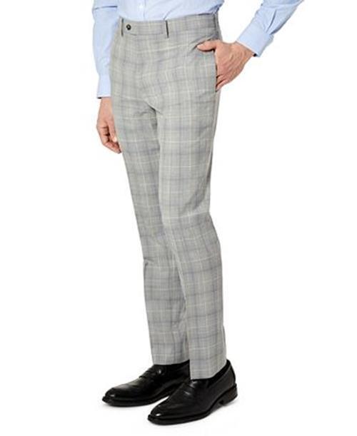 Tallia Mens Slim-Fit Wool Dress Pants 38 x 30 Light Grey / Blue Plaid Flat Front