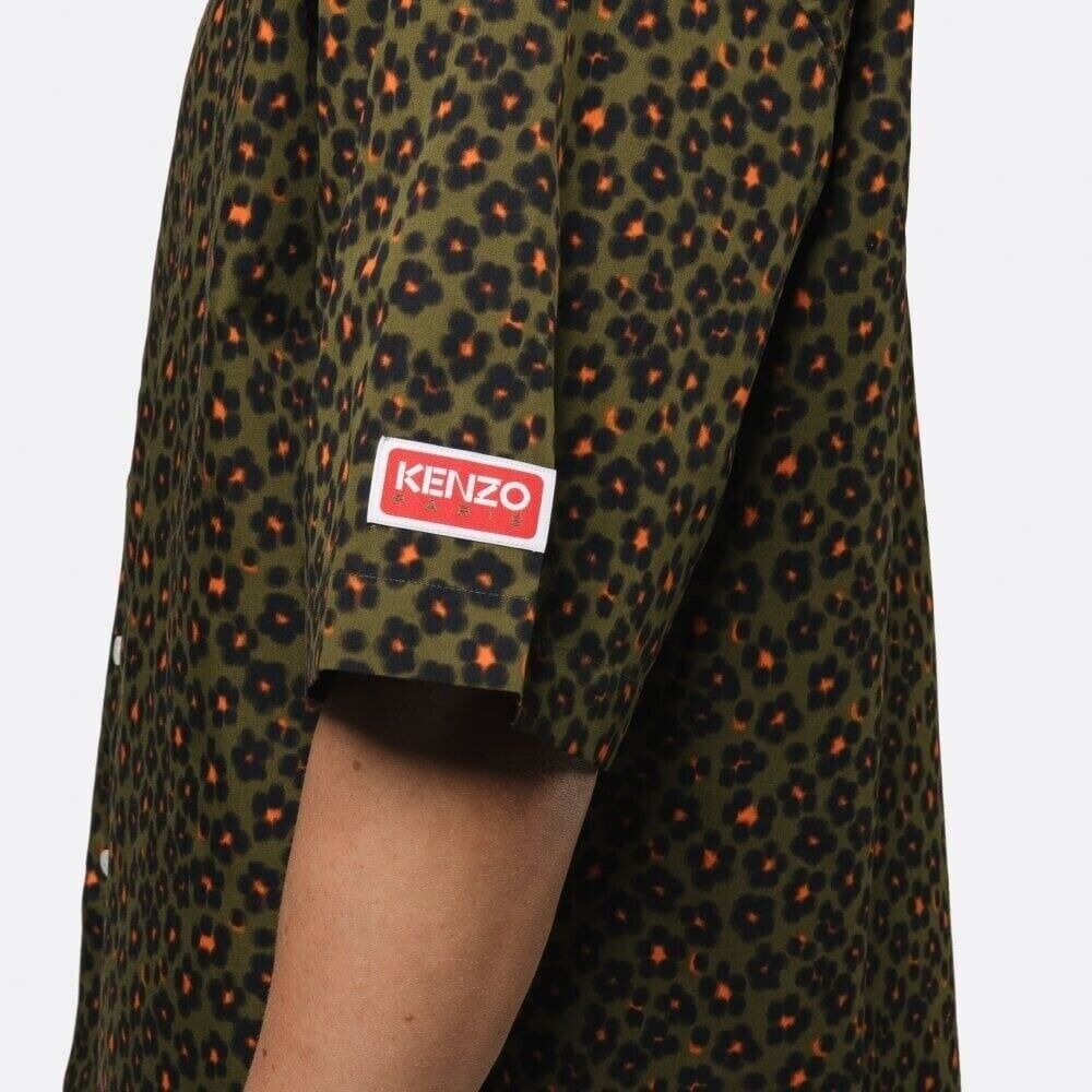 Kenzo Mens Hana Floral Leopard Print Cotton & Silk Camp Shirt Large Green