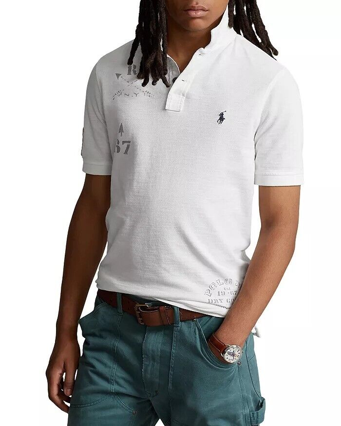 Polo Ralph Lauren Mens Classic Fit Mesh Polo Shirt XL White W/ Design