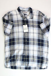 BARBOUR Mens Croft Short Sleeve Button Linen Shirt Large Navy Tartan Plaid