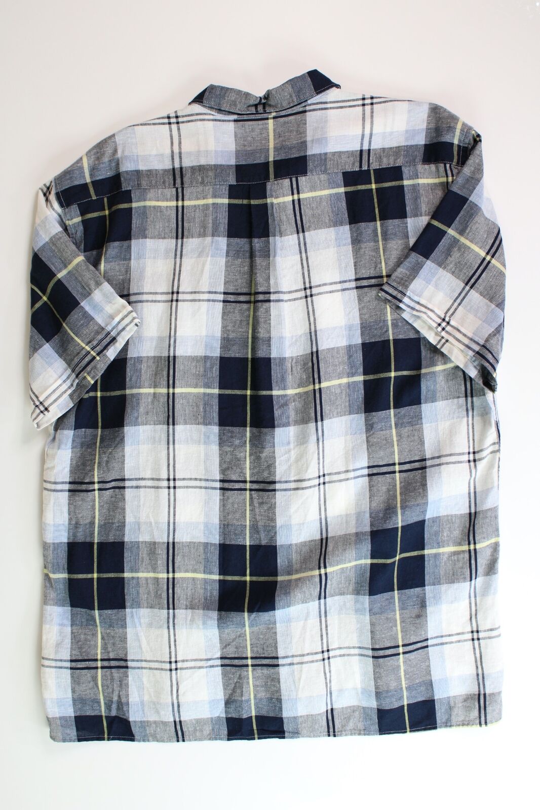 BARBOUR Mens Croft Short Sleeve Button Linen Shirt Large Navy Tartan Plaid