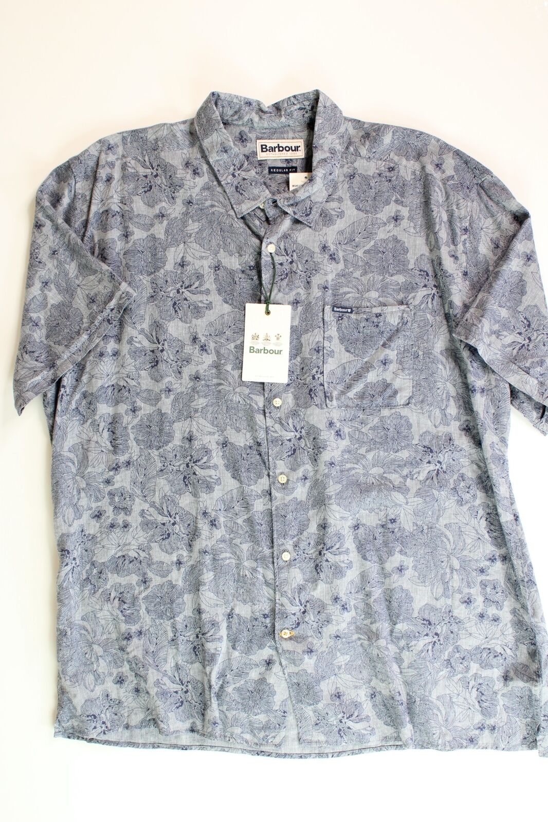 BARBOUR Mens Rakehead Short Sleeve Button Linen Shirt 2XL XXL Floral Blue