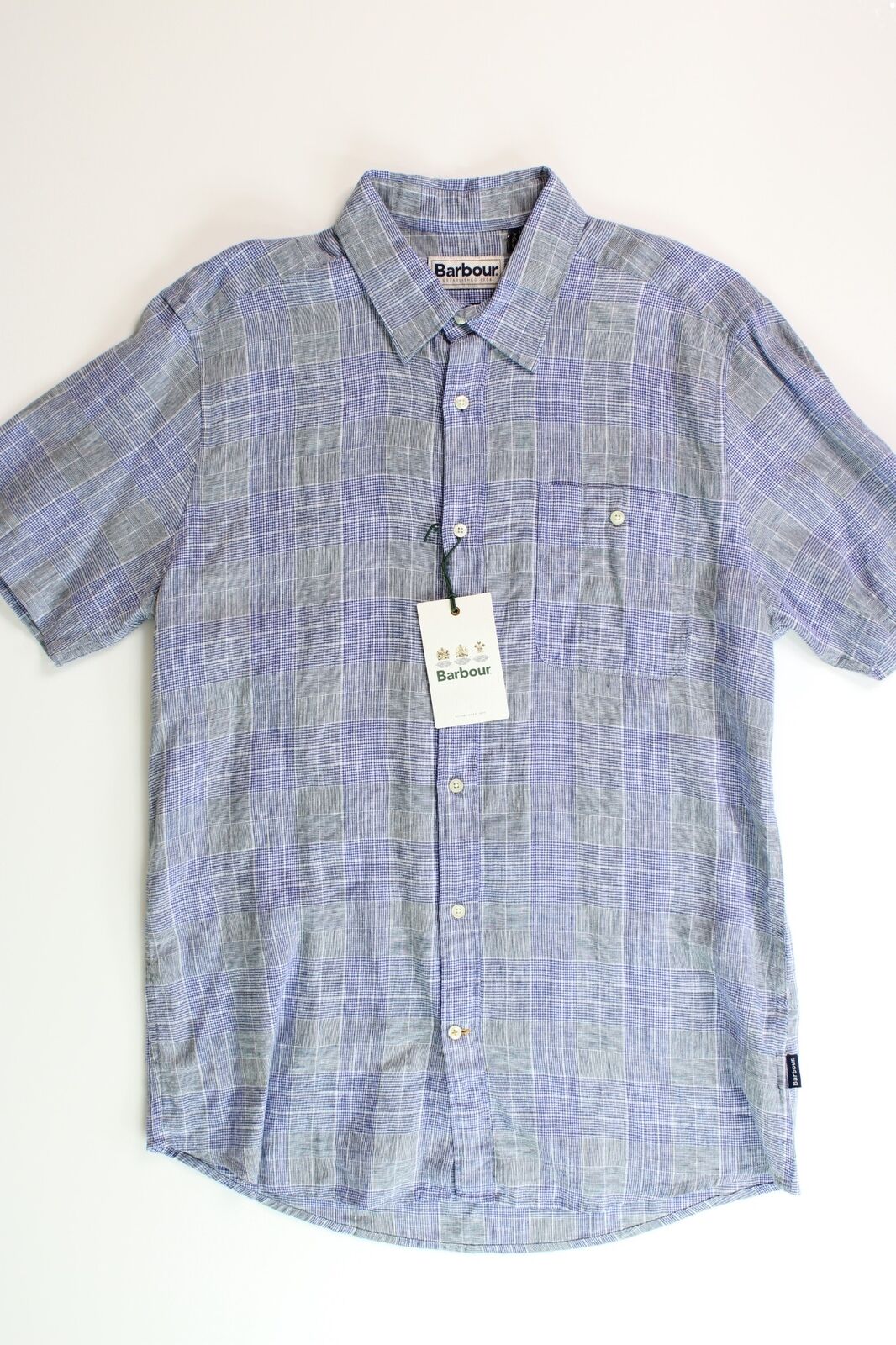 BARBOUR Mens Drydock Short Sleeve Button Linen Shirt Small Blue Plaid