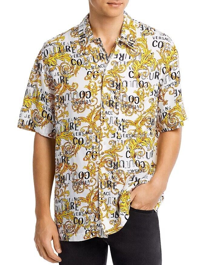 Versace Jeans Couture Mens SS Button Logo Print Shirt Size 48 US 38 Gold