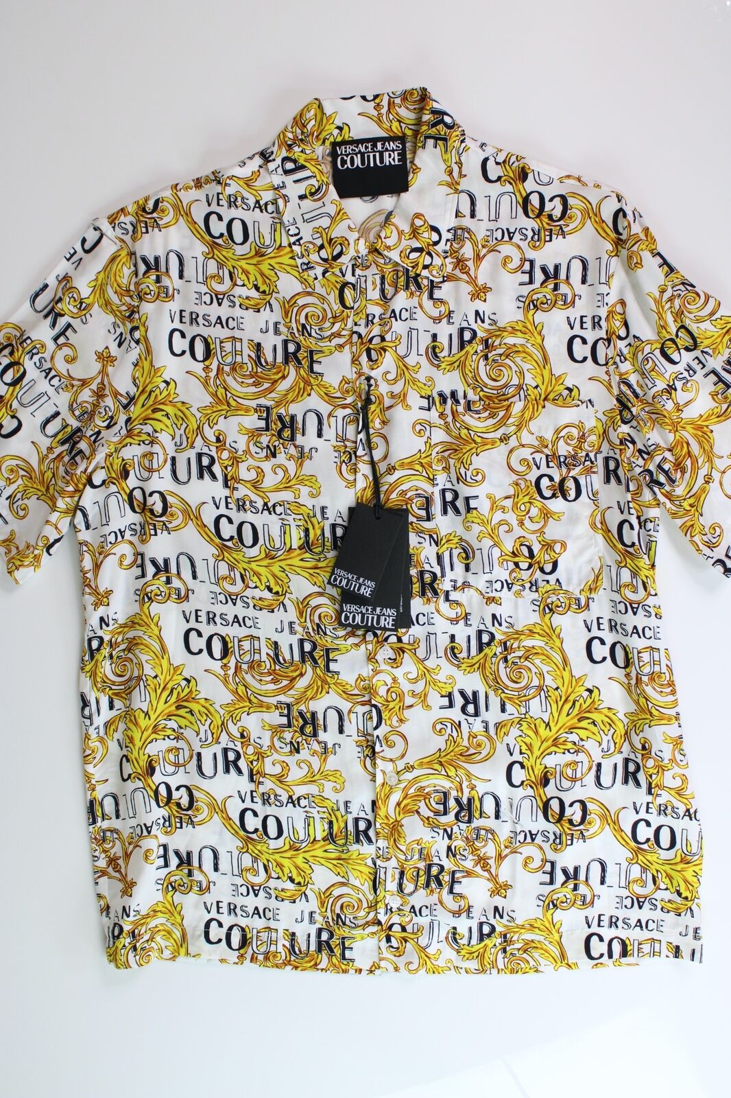 Versace Jeans Couture Mens SS Button Logo Print Shirt Size 48 US 38 Gold