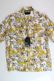 Versace Jeans Couture Mens SS Button Logo Print Shirt Size 50 US 40 Gold