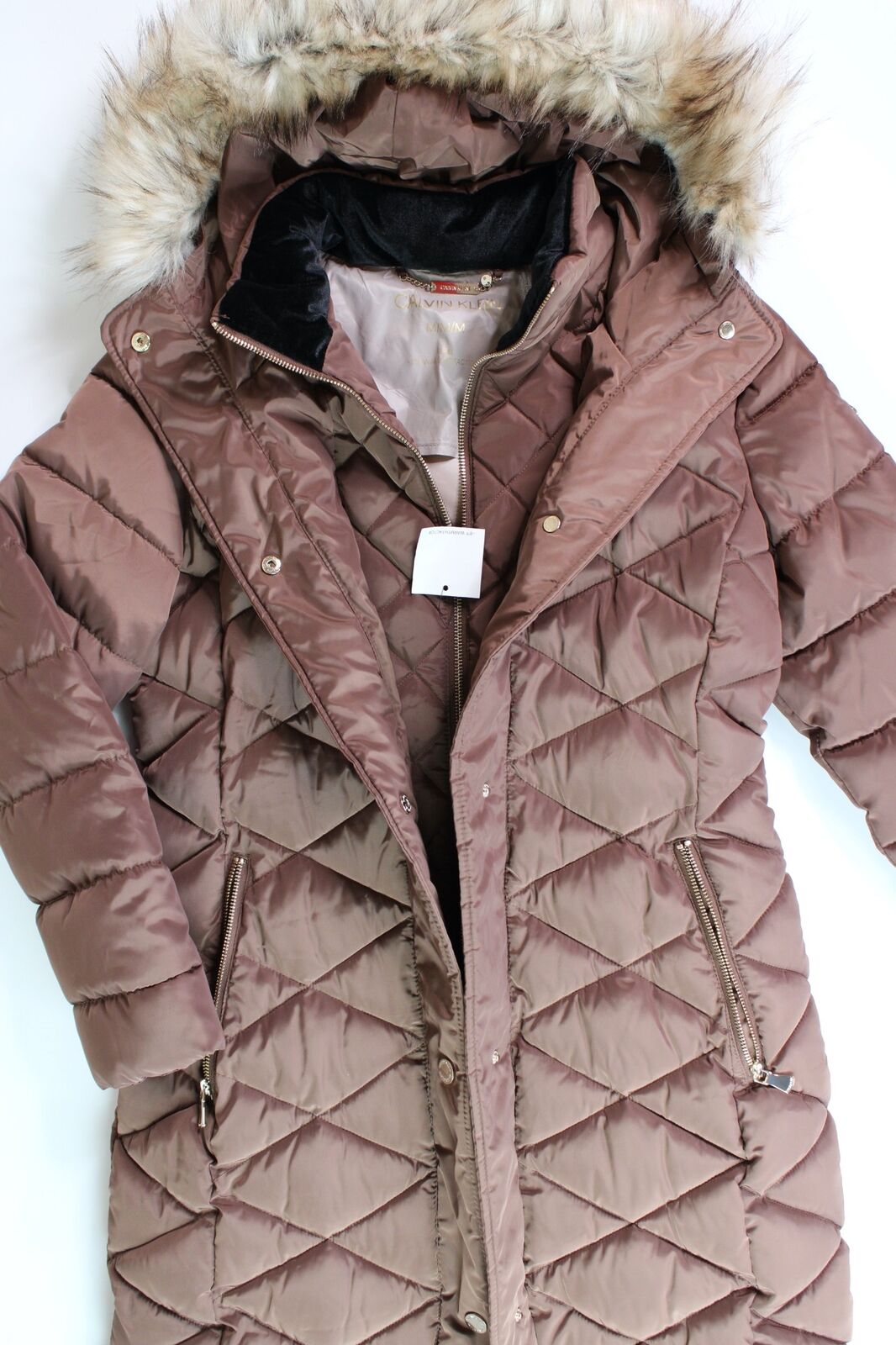 Calvin Klein Womens Faux Fur-Trim Puffer Jacket Medium Brown