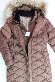 Calvin Klein Womens Faux Fur-Trim Puffer Jacket Medium Brown