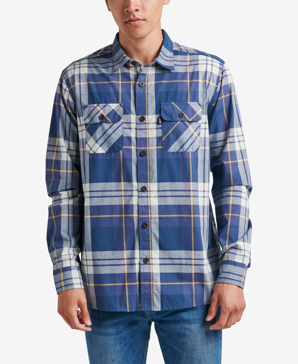 Reef Men's Dano Long Sleeve Shirt Medium Blue Plaid