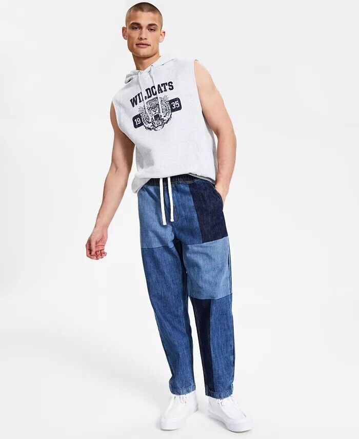 SUN + STONE Men's Relaxed Fit Colorblocked Jeans Medium Blue Drawstring