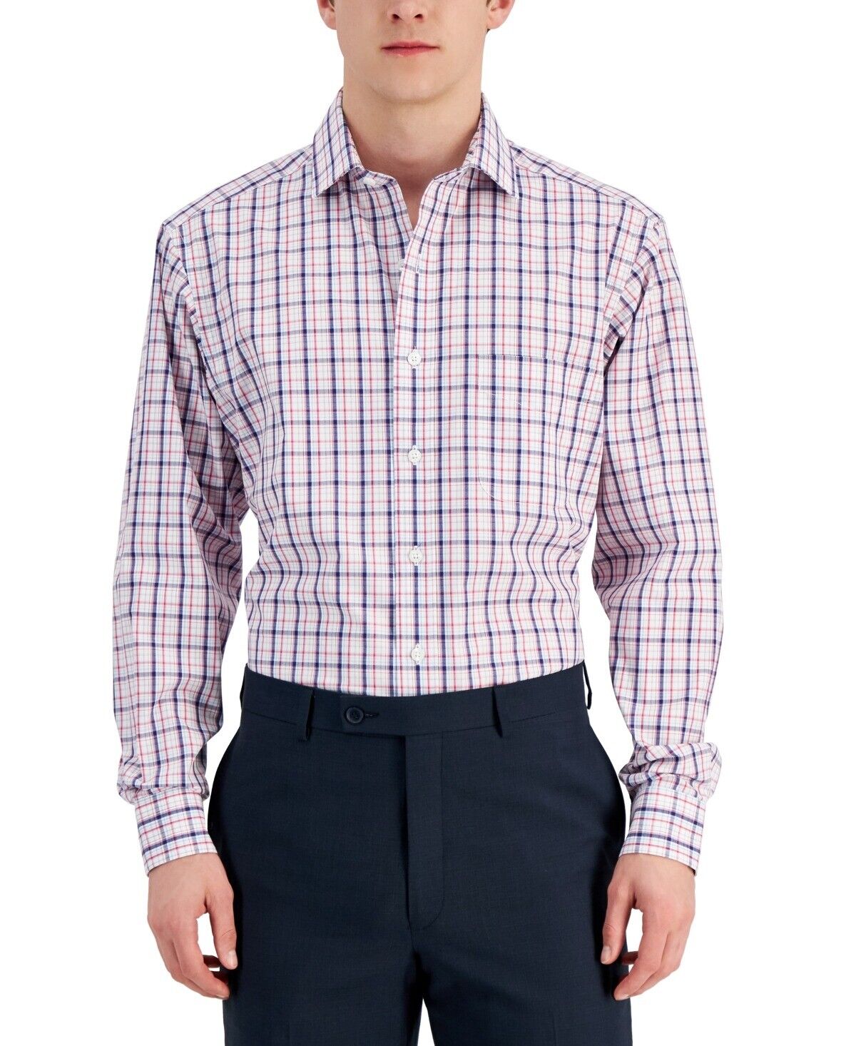 Club Room Men's Regular Fit Cotton Dress Shirt 17.5 32 / 33 Red Blue Plaid