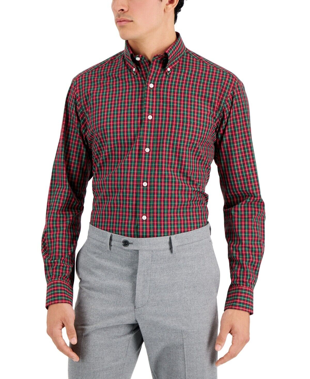 Club Room Men's Regular Fit Tumaco Plaid Cotton Dress Shirt 17 34 / 35 Red Green