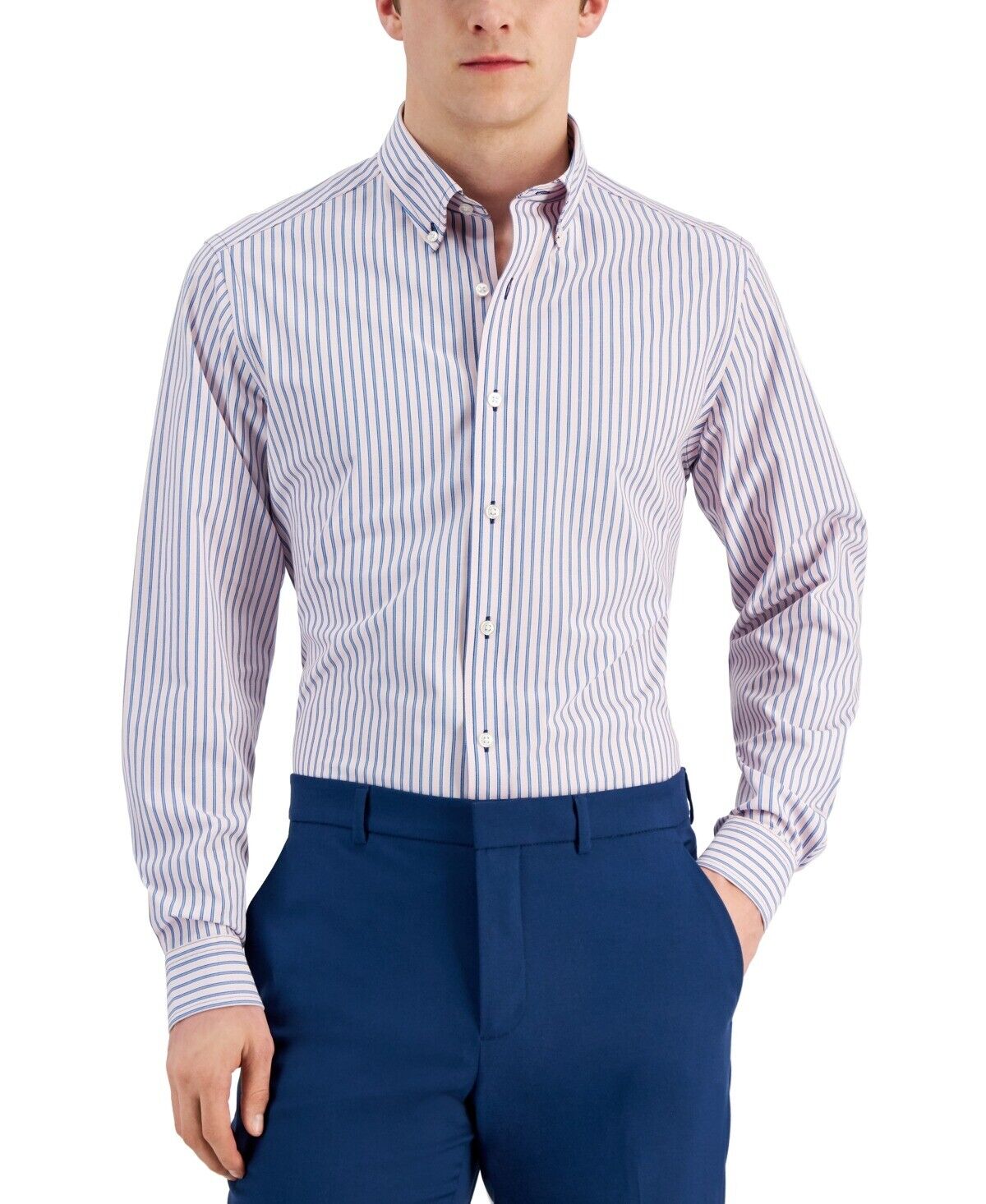 Club Room Mens Striped Slim Fit Dress Shirt Medium Pink Blue
