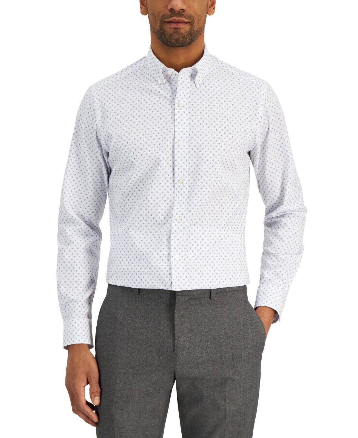 Club Room Men's Ditsy Floral Button Down Dress Shirt White Blue Large