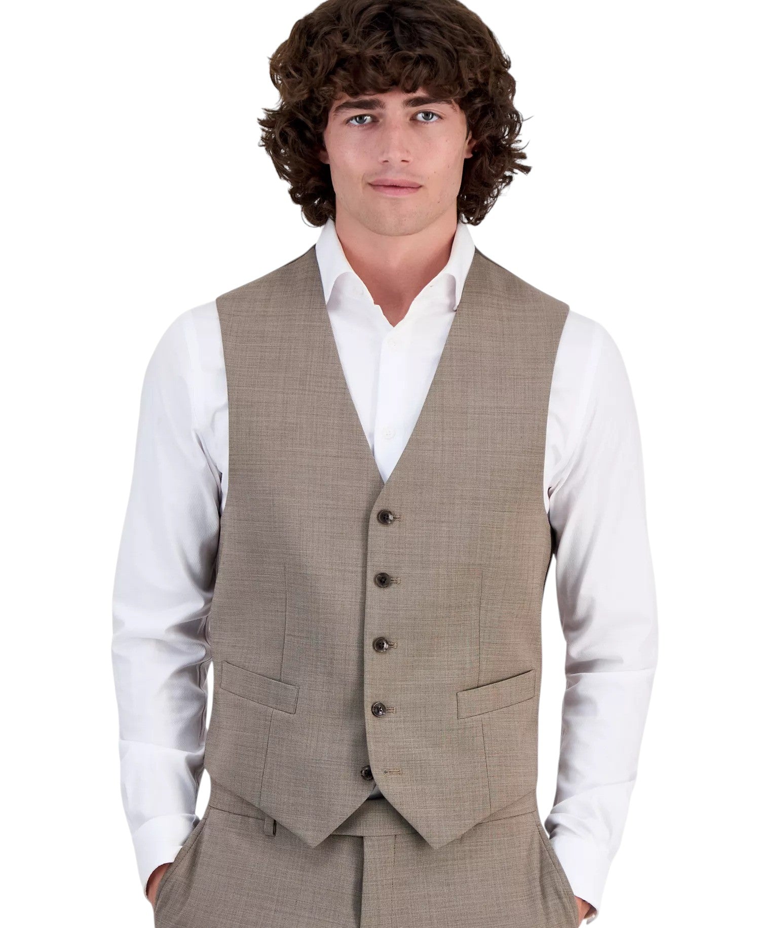 Tommy Hilfiger Mens Modern fit Button-Up Vest Medium Tan Solid Stretch