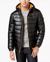 Cole Haan Men's Faux-Leather Puffer Coat Black Orange MEDIUM