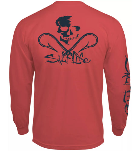 SALT LIFE Mens Skull & Hooks Logo Graphic Long Sleeve T Shirt Burnt Coral Medium