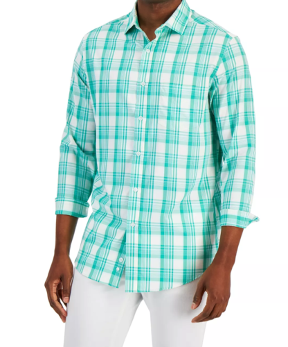 Club Room Men's Regular-Fit Plaid Shirt Long Sleeve Fiji Green Medium