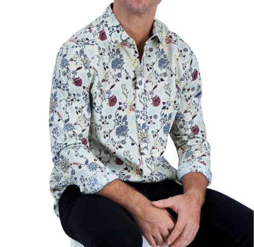 Club Room Mens Editto Mens Floral Long Sleeve Button-Down Shirt Bone Medium