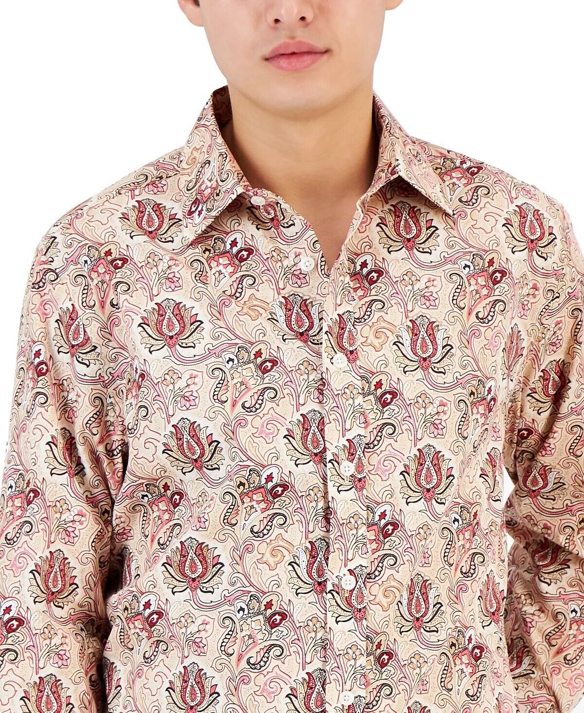 Club Room Men's Everly Paisley Shirt Beige Khaki Large