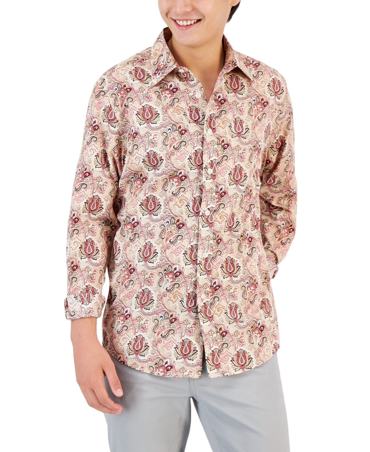 Club Room Men's Everly Paisley Shirt Beige Khaki Large