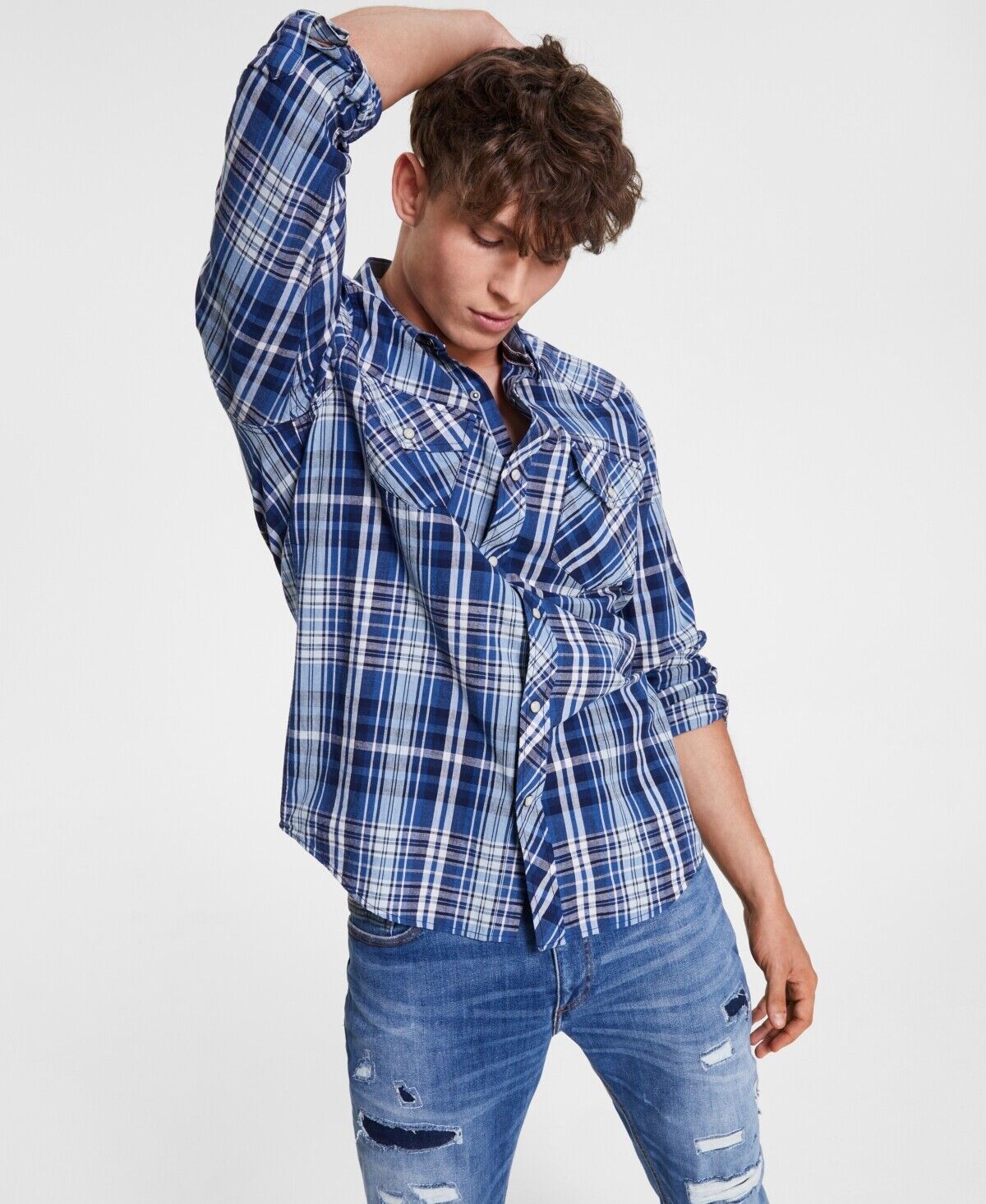 Sun + Stone Men's Remington Regular-Fit Plaid Western Shirt Blue Combo Small