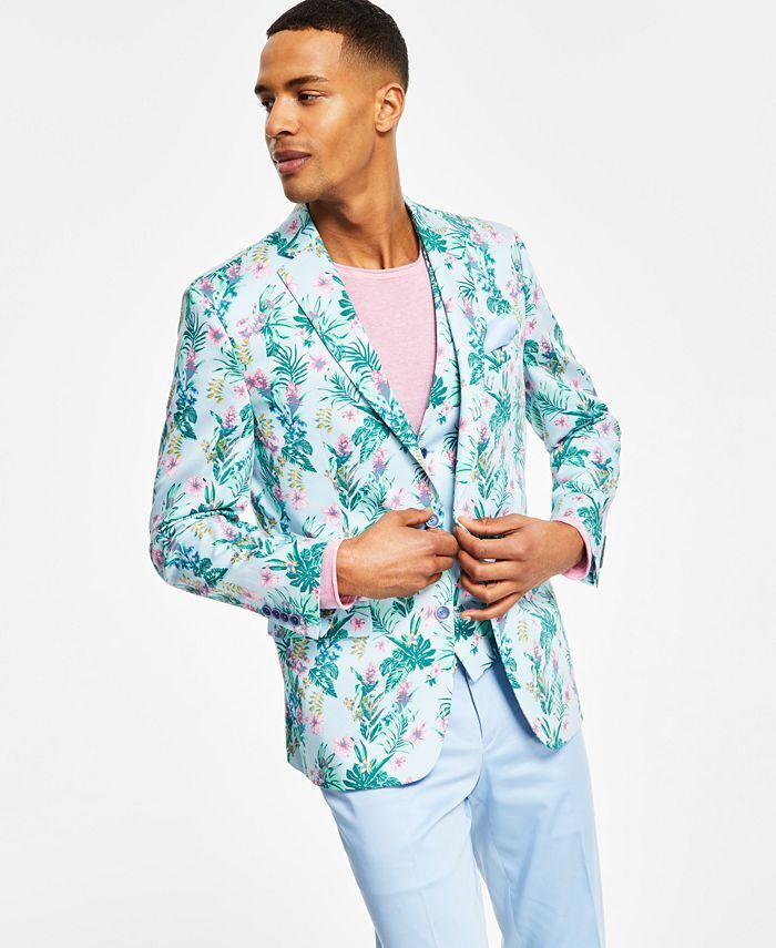 BAR III Men's Slim-Fit Floral Print Suit Jacket 42R Blue Sport Coat Tropical