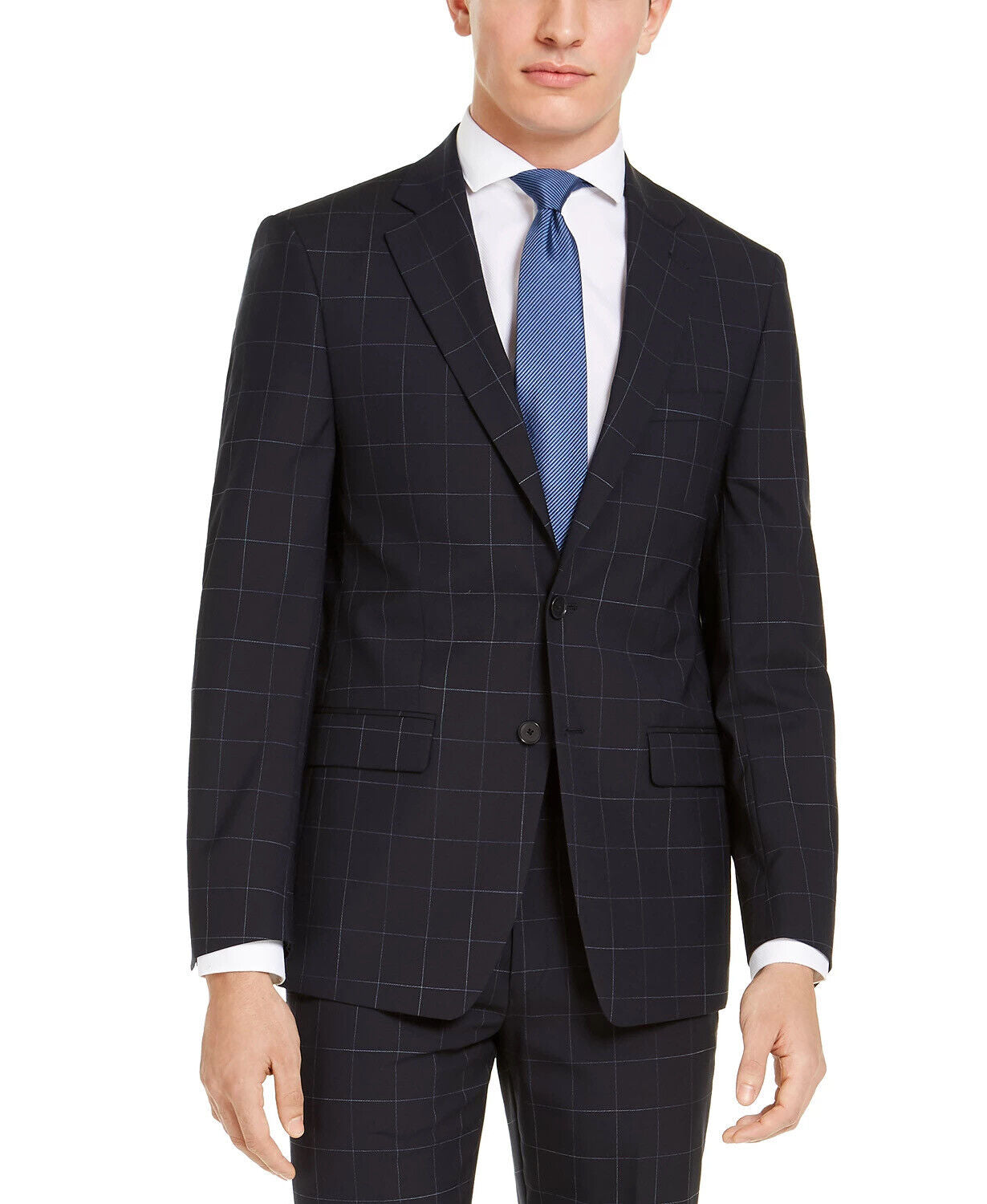 Calvin Klein Slim Fit Infinite Stretch Navy Windowpane Suit Jacket 38R Blue