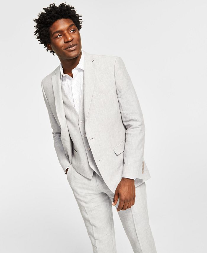 BAR III Men's Slim-Fit Textured Linen Suit Jacket 46R Light Grey