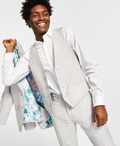 BAR III Men's Slim-Fit Textured Linen Suit Jacket 46R Light Grey