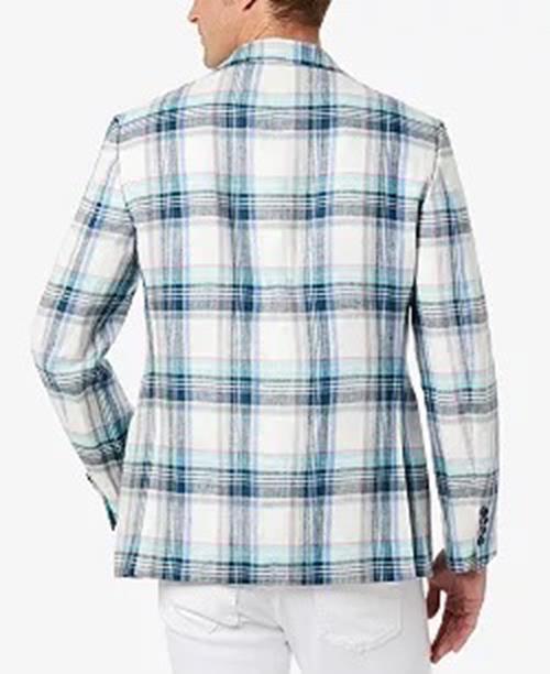 TALLIA Men's Slim-Fit Multicolor Plaid Blazer Blue 42L Sport Coat Linen Blue