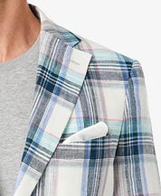 TALLIA Men's Slim-Fit Multicolor Plaid Blazer Blue 42L Sport Coat Linen Blue