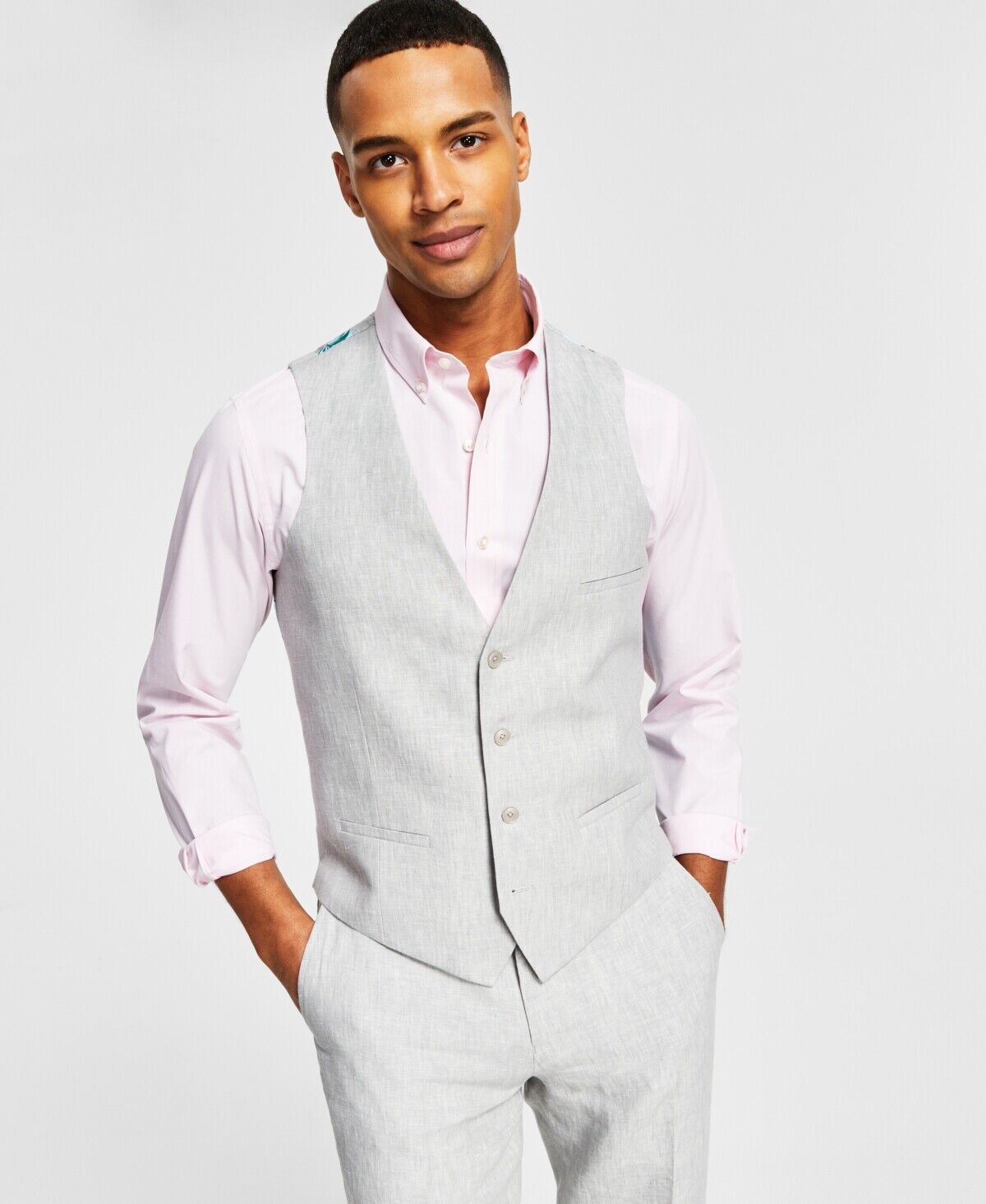 Bar III Men's Slim-Fit Light Gray Chambray Linen Suit Vest Large Grey