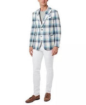 TALLIA Men's Slim-Fit Multicolor Plaid Blazer Blue 44L Sport Coat Linen 2 Button