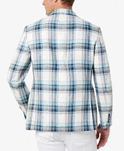 TALLIA Men's Slim-Fit Multicolor Plaid Blazer Blue 44R Sport Coat Linen 2 Button