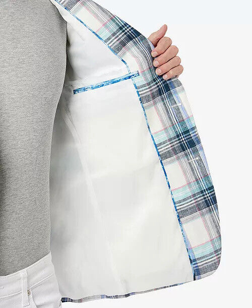 TALLIA Men's Slim-Fit Multicolor Plaid Blazer Blue 44R Sport Coat Linen 2 Button