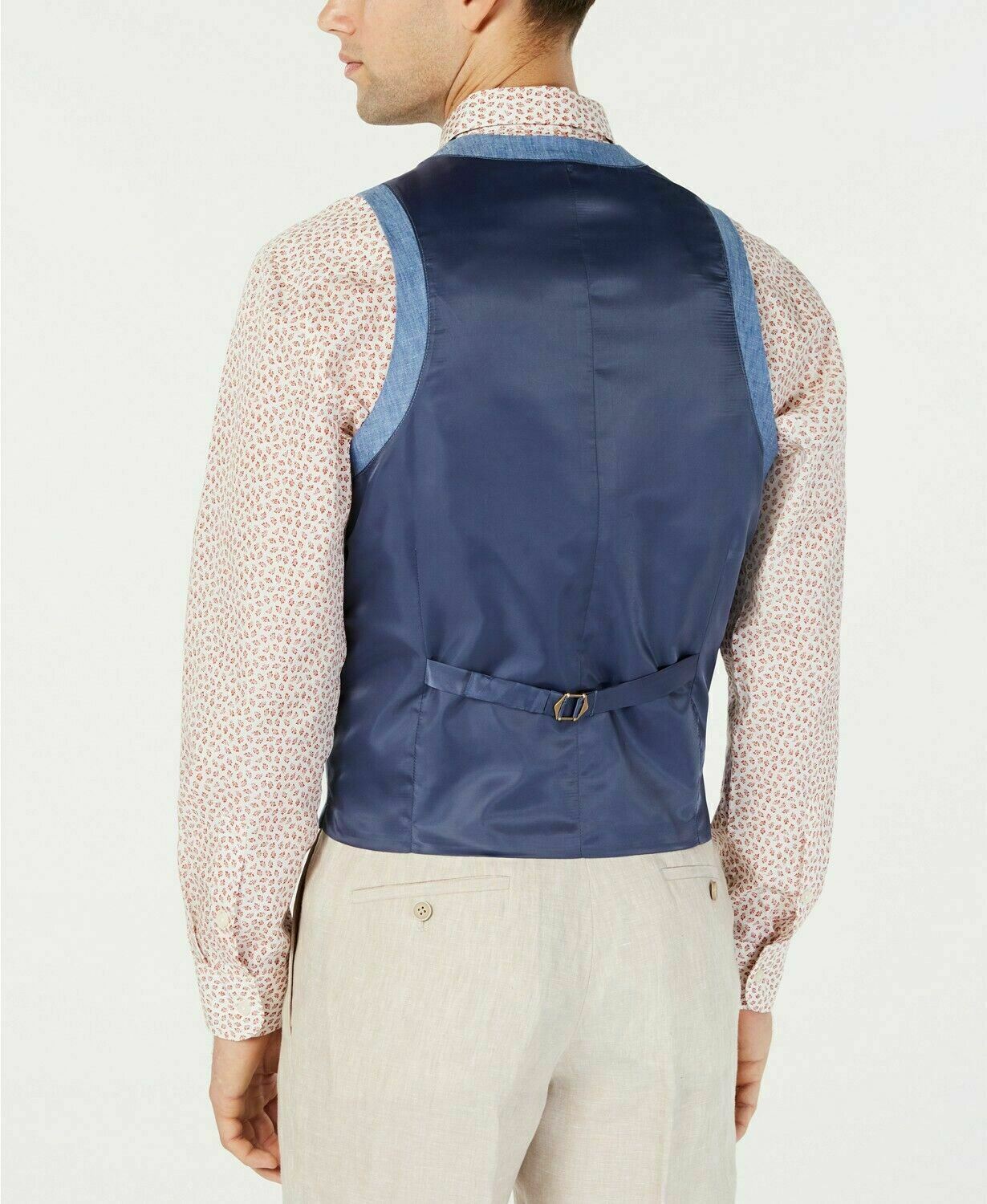 Bar III Men's Slim-Fit Chambray Linen Blue Suit Vest XL