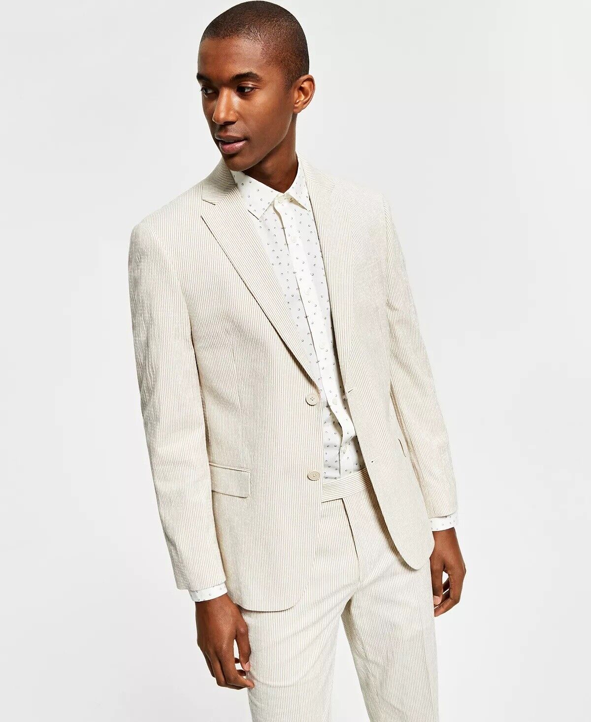 ALFANI Men's Slim-Fit Seersucker Stripe Suit Jacket Tan Cream 44R