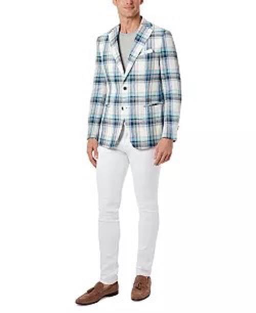 TALLIA Men's Slim-Fit Multicolor Plaid Blazer Blue 42S Sport Coat Linen