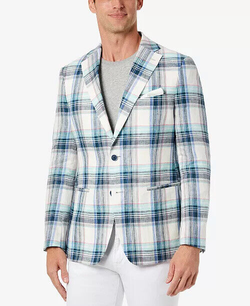 TALLIA Men's Slim-Fit Multicolor Plaid Blazer Blue 42S Sport Coat Linen