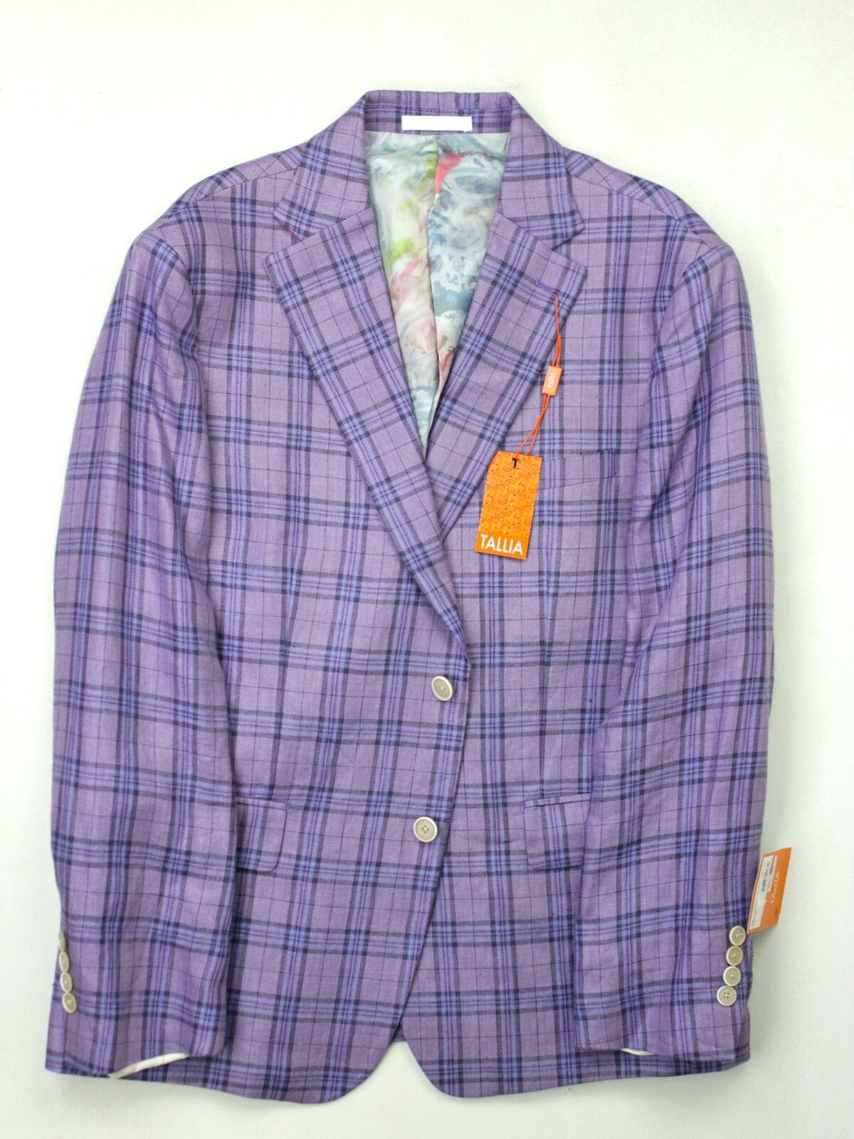 Tallia Mens Slim Fit Linen Sport Coat Blazer 44L Purple Plaid