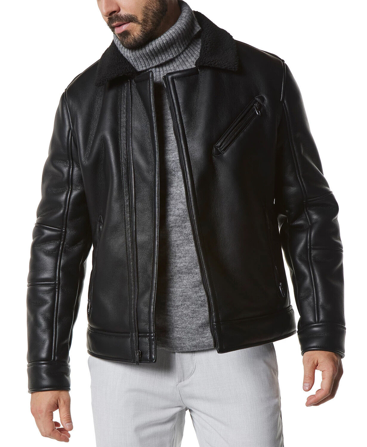 Marc New York Men's Asymmetrical Moto Jacket Faux-Shearling Collar Black XL