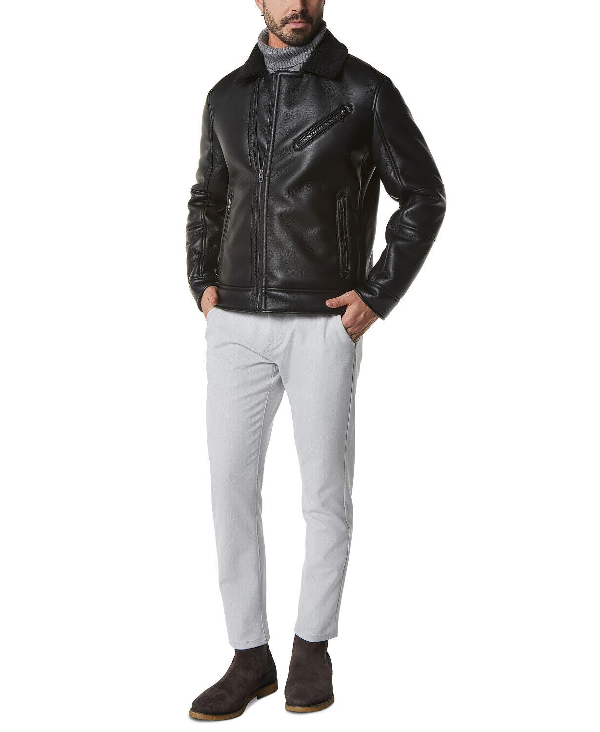 Marc New York Men's Asymmetrical Moto Jacket Faux-Shearling Collar Black XL